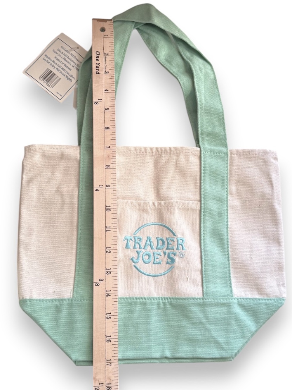 TRADER JOE'S Mini Pastel Canvas Tote Bag Teal NWT - Picture 7 of 7